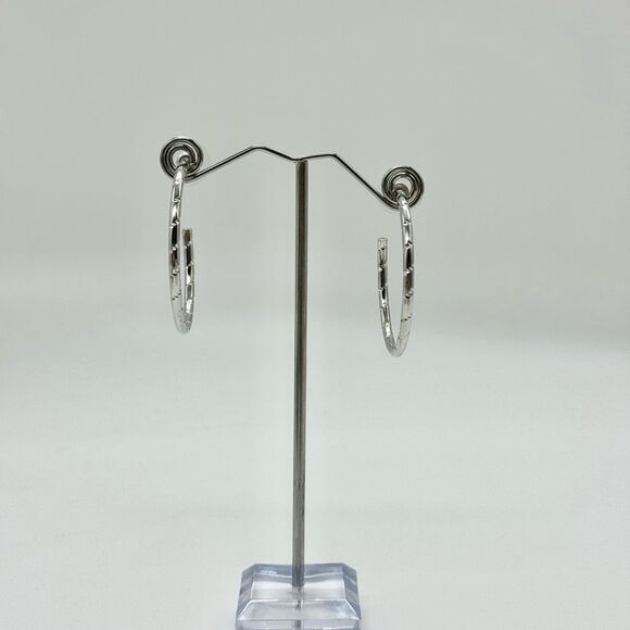 Christopher and Banks Silver-Tone Textured Open Hoop Earrings 1.5 inch - Picture 4 of 5